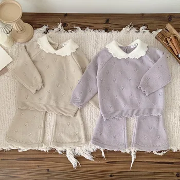 Autumn and Winter INS Girls 2-Piece Set Solid Color Casual Hand Crochet Collar Pullover Raglan Sleeve Top Flared Baby Suit