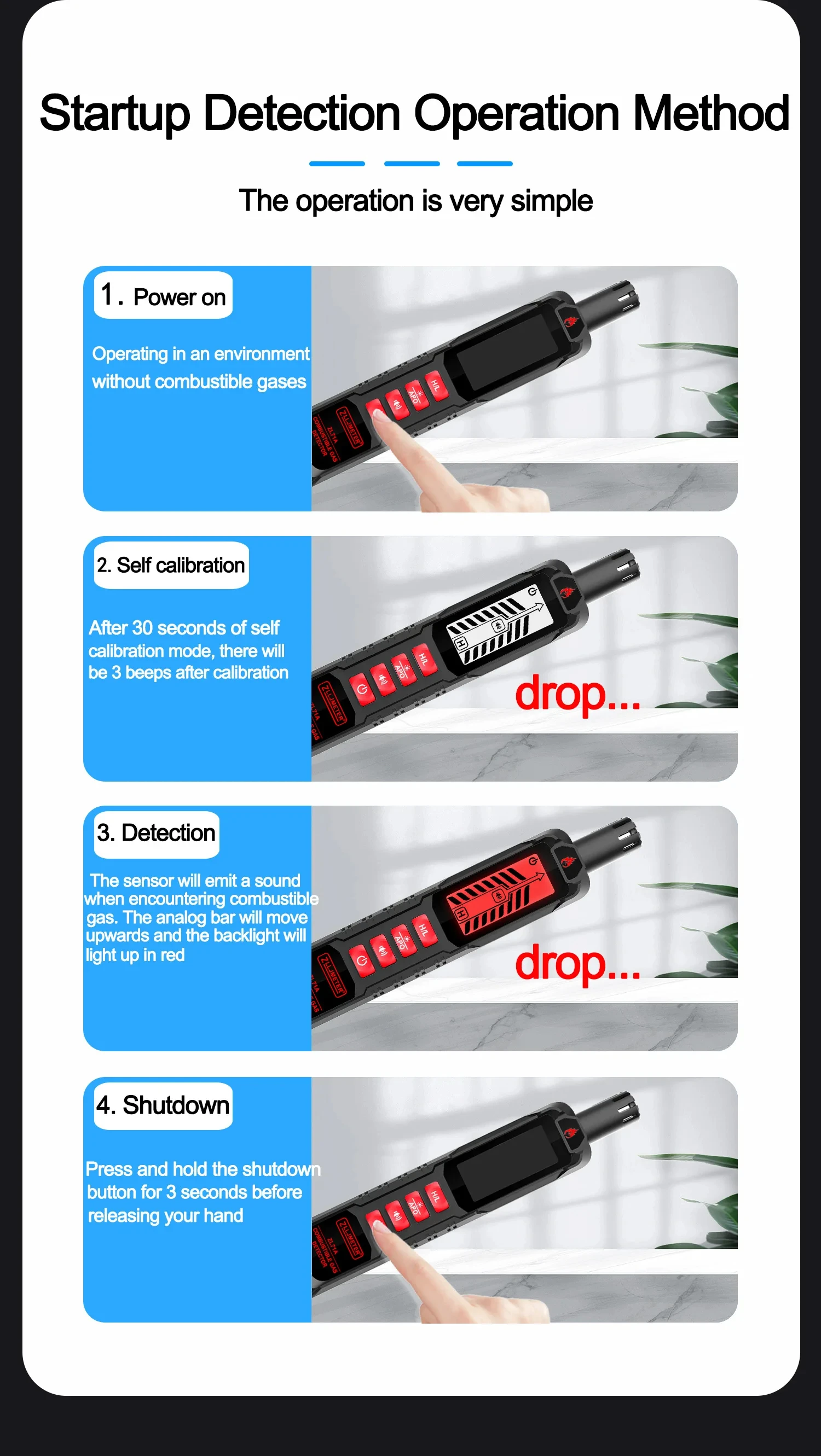 USB rechargeable gas leak detector with built-in battery Detects combustible gases like LPG, methane, propane, and natural gas High-sensitivity sensor for fast and accurate leak detection Sound and light alarm alerts for instant safety warning Quick response time for real-time gas leakage identification Easy one-button operation with fast warm-up Portable pen-style design – lightweight and easy to carry Ideal for home kitchens, gas pipelines, HVAC, and industrial use Helps prevent fire hazards and ensures safety in enclosed areas
