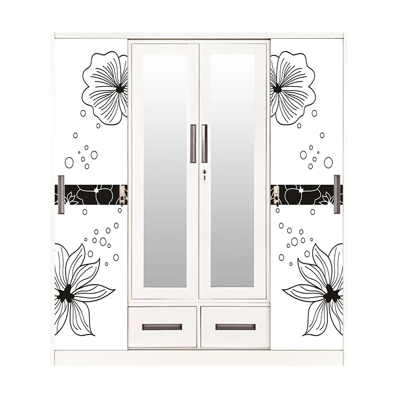 Custom Printed 4 Door Steel Wardrobe with Sliding Doors and Lower Drawers