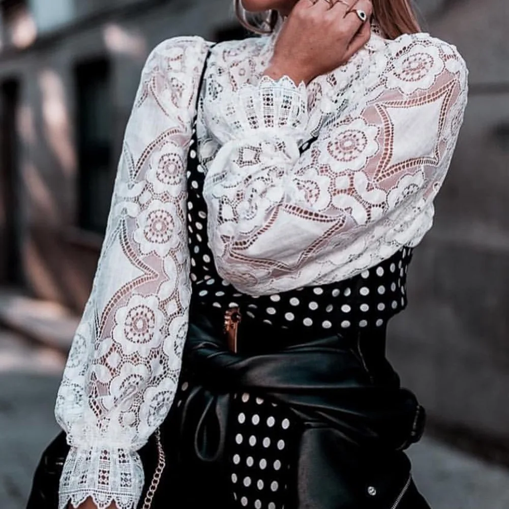 Factory Price Low MOQ Women Balloon Sleeve Blouse Long Sleeve White Lace Hollow Out Blouse