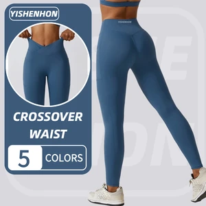 YISHENHON Cross Waist Pocket Fitness Gym Pants Sportswear Recycled Fabric Women Leggings Tight Running Seamless Yoga Pants