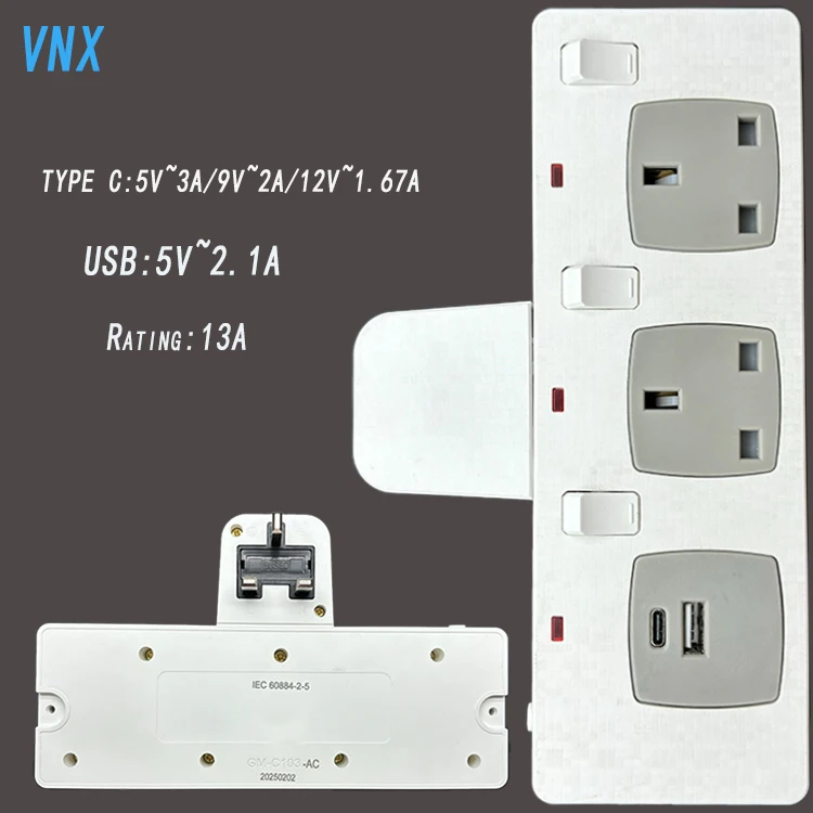 Vnx Uk Standard 13a Light Switch 2-Way Electrical Extension Socket Power Socket With 1 Type C and 1 Usb a Output Ports Outlet