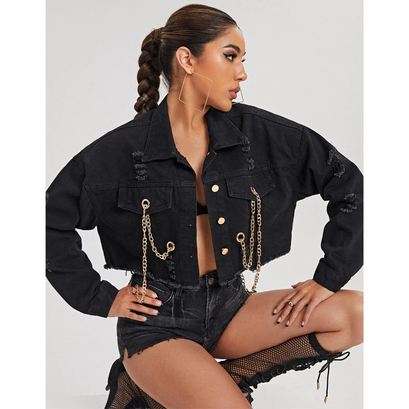 Women Jeans Jacket Coat Holes Chain 