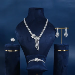 Bridetalk Stylish Classic 925 Silver Rhodium Plated Women's Four-Piece Zircon Fashion Jewelry Set Flower Tassel Necklace for