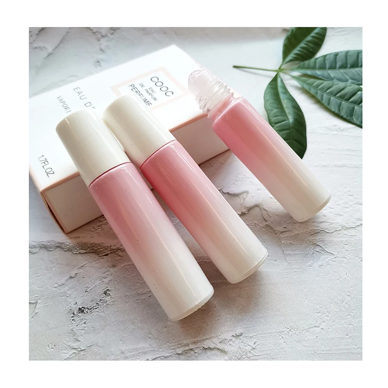 10ml Gradient White-Peach Roll on Glass Bottle with Gem Stone Roller & White Cap Cylinder Essential Oils Perfume Bottles