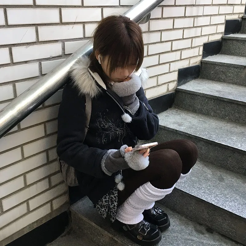 Japanese Y2k Fur Hooded Coat Grunge Aesthetics Tattoo Print