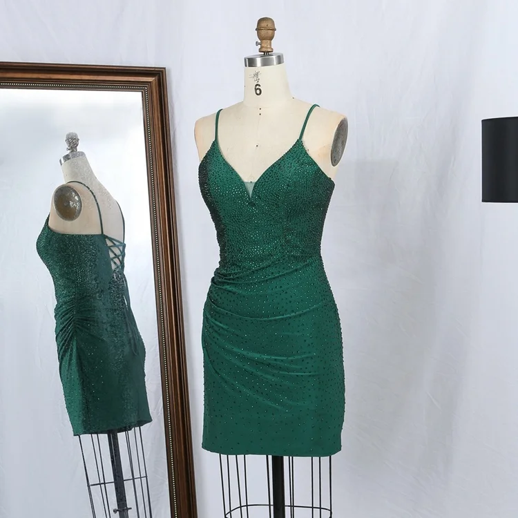 Emerald Green Satin Ruffles Natural A-Line Cocktail Party Knee-Length  Lace-Up Back Short Rhinestone Women's Evening Prom Gown