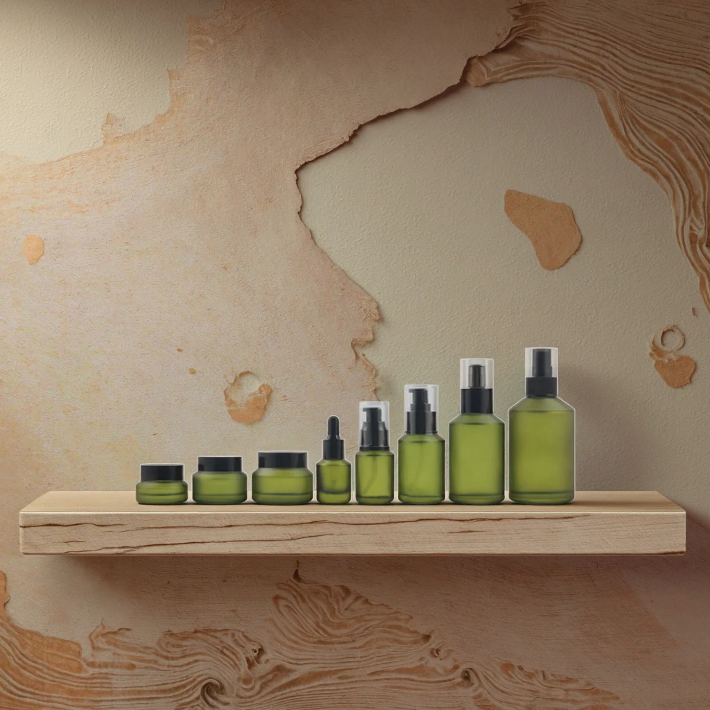 Fuyun 50ml 100ml 10ml 5ml Frosted Glass Cosmetic Bottles Green Slanted Shoulder Dropper Empty Essential Oil Vials