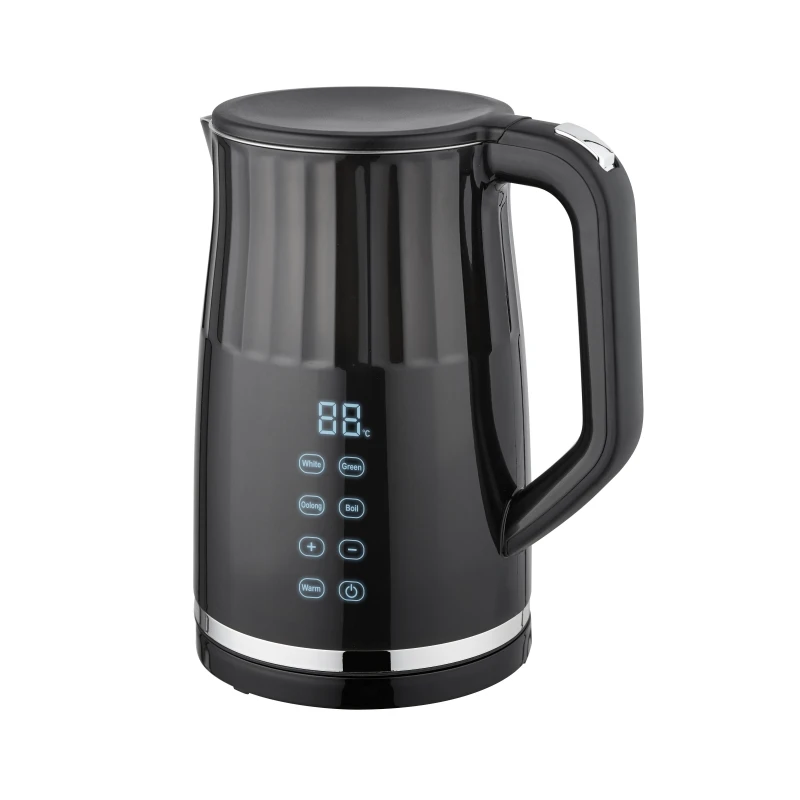 1.7L 2200W Touch Screen Double Wall Kettle Inside 304 Stainless Steel Outside PP Wooden Handle Fast Boiling Auto Off