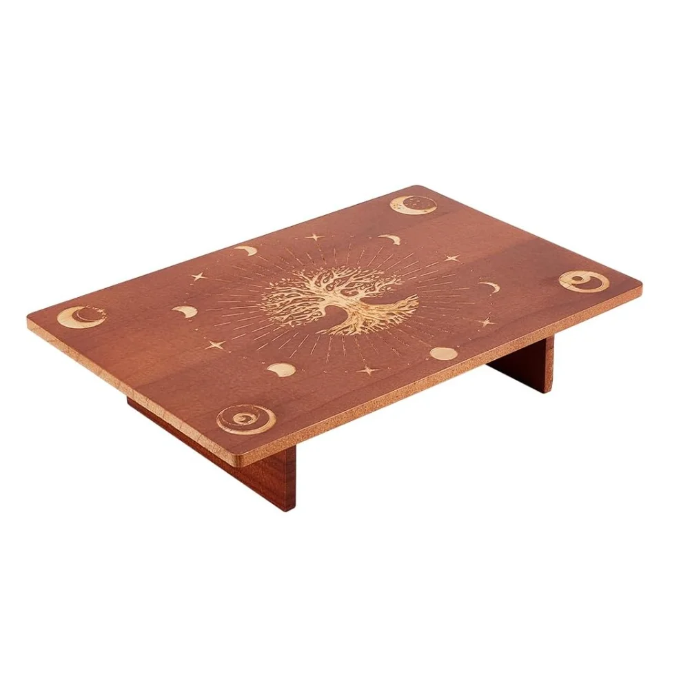Custom Pattern Moon Tree Engraved Design Wood Wiccan Alter Table Wooden Meditation Altar Table