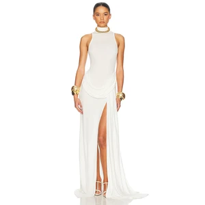 ZYHT 70081 Elegant Sexy Formal Women Clothes Jersey Pleated High Slit High Neck Knitted Evening Party Club Dresses