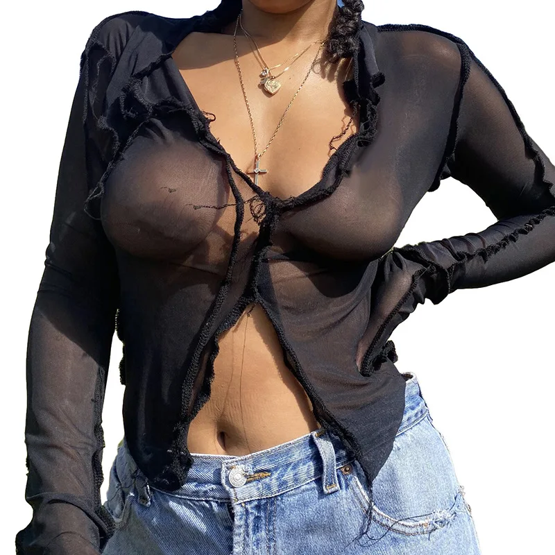 Women Crop Top Mesh Blouse Shirts Sexy ...