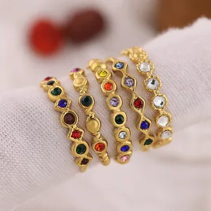 MW Trendy 18K Gold Plated Stainless Steel Gemstone Ring Geometric Zircon Gem Heart Band Colorful Wedding Gift Women's Jewelry