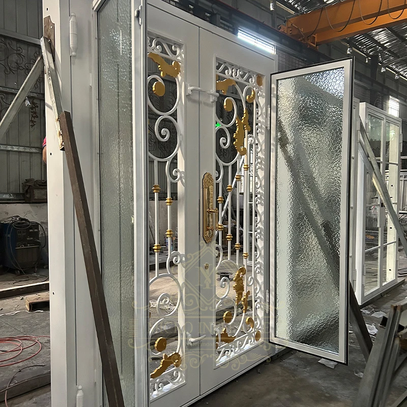 Modern Design Decorative Double Iron Security Door White Wrought Iron Main Front Entry Door