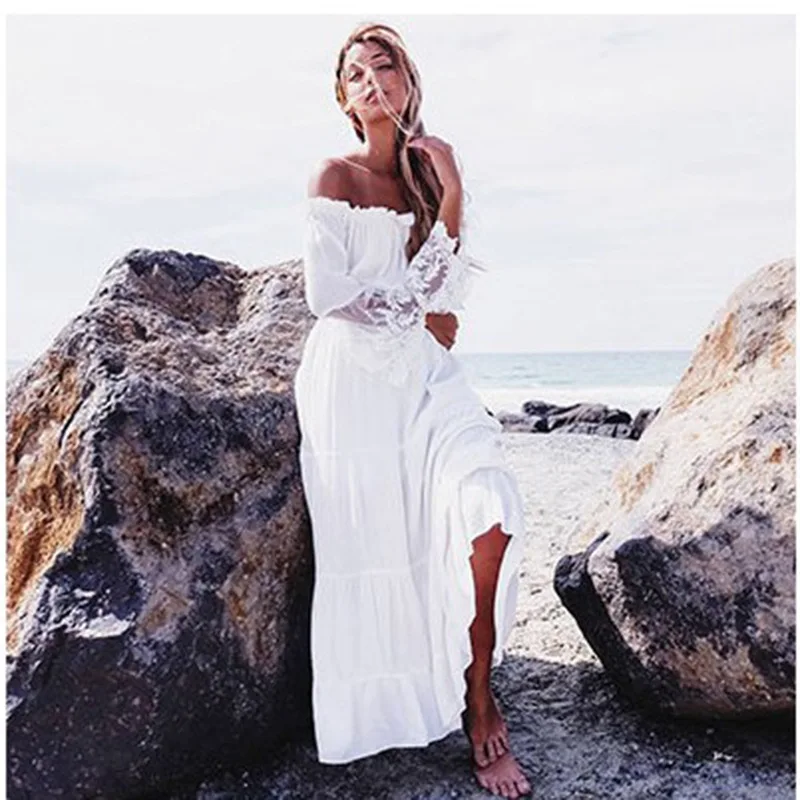 Aliexpress nuevo estilo mujer Vestido de manga larga Boho playa