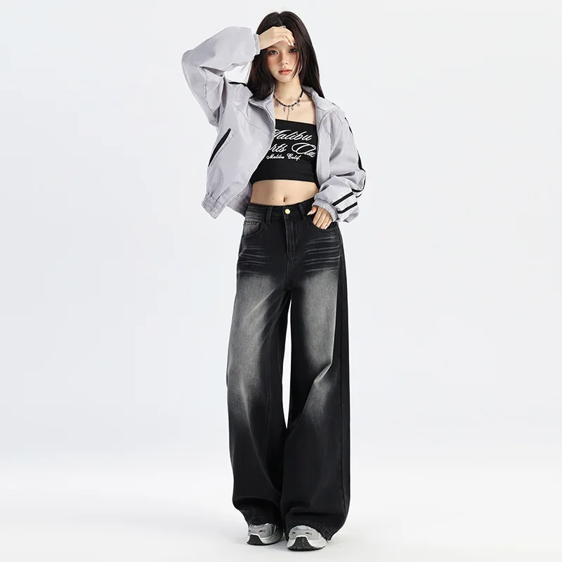 Cat Whiskers Vintage High-Waisted Wide-Leg Floor-Length Denim Jeans Women's Autumn Slimming Moustache Wash