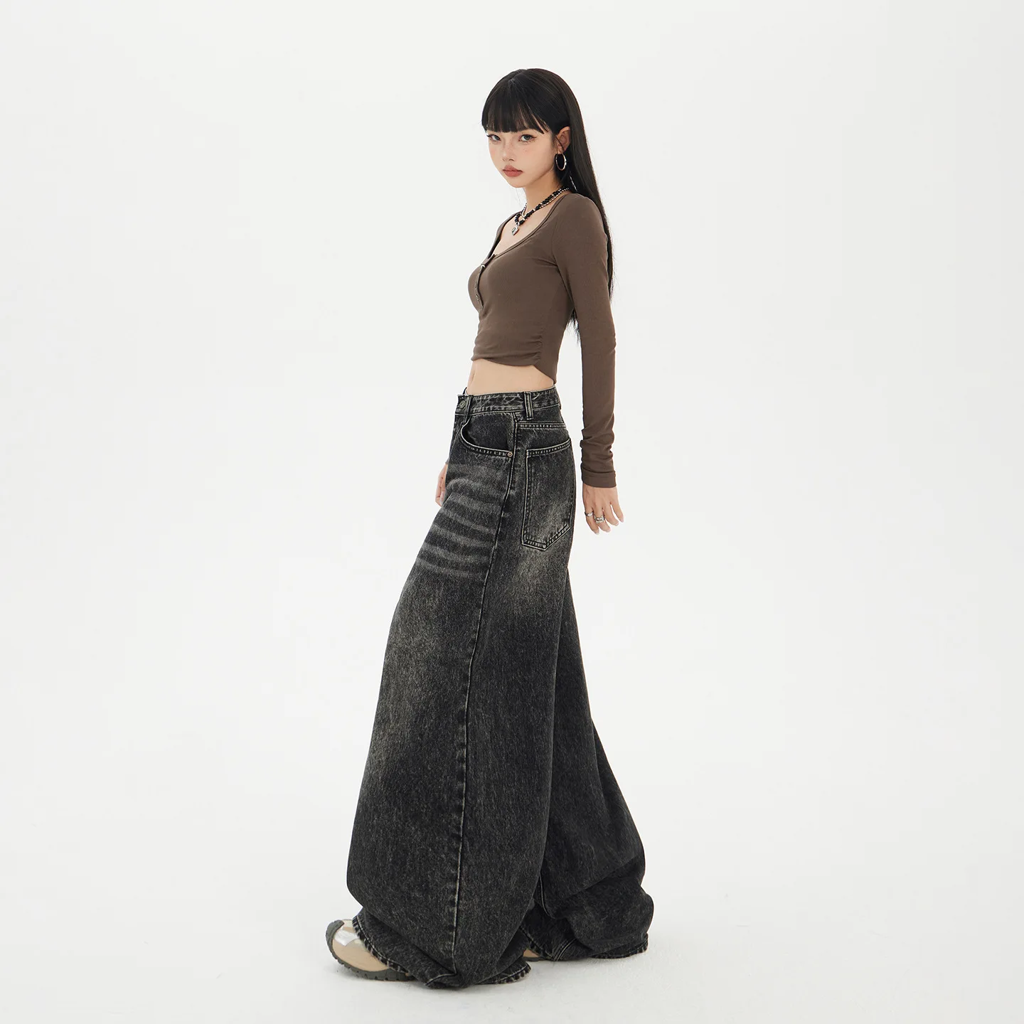 American Style Retro High Waist Loose Wide Leg Dark Denim Quick Dry Floor-length Women's Jeans Autumn Winter New Style