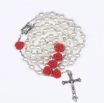 2022 Hot sell Rosary 8mm plastic pearl with rose flower beads Jesus Cross Christ Maria stock necklace for pray