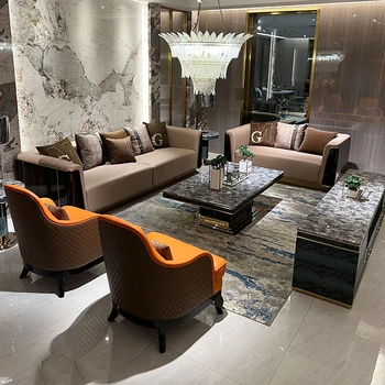 Postmodern living room italian luxury straight modern sofas set villa living room furniture Italian light luxury leather sofa