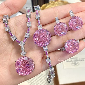 Women's Heavy Industry Oversized Necklace Millennium Rose Diamond Cut Purple Zircon High Carbon Pink ZIRCON Earrings Rose