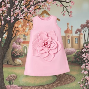 Summer Girls Boutique Dresses Comfortable Sleeveless Stereoscopic Flower Pink Solid A-line Party Princess Skirt Clothes for Kids