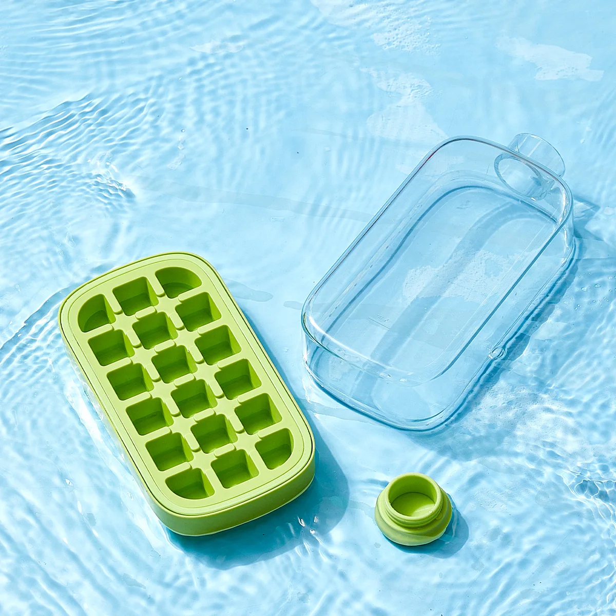 Summer 2 in 1 Ice Cube Water Bottle Easy Release Ice Mold for Freezer 500ml 800ml Touch-Free Ice Cube Tray with Lid and Bin