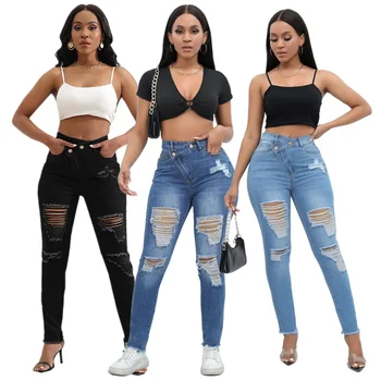 Womens Denim Skinny Jeans Stretch High Waisted Raw Edges Heavy Distressed Ripped Casual Slim Fit Pants