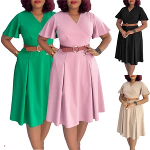 D3333 Women's Short Sleeve Career Dresses Midi Dresses Elegant African Style Casual V-neck with Flare Sleeves for Office Lady
