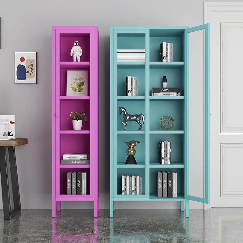 Home Steel Bookcase Storage Cabinet Living Room Balcony Glass Door Storage Cabinet With Feet