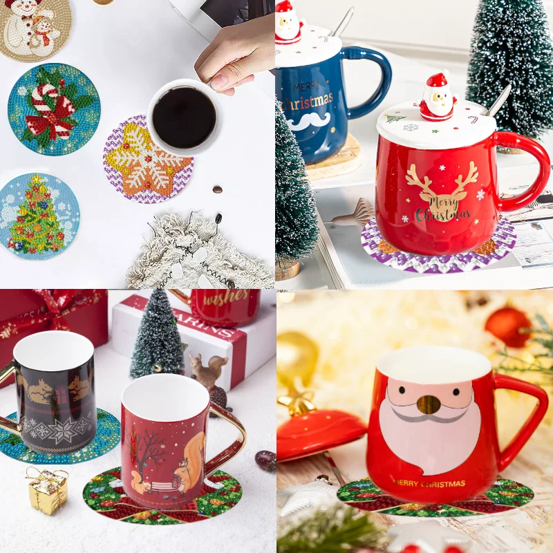 8-Piece Christmas Candy Diamond Painting Coasters Set - DIY 5D Art Coasters With Holder & Tools