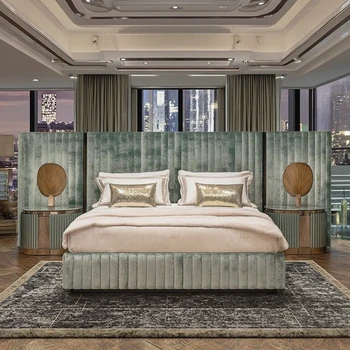 Modern Italian Double King-Size Bedroom Set with Fabric Bed Headboard Upholstered Wooden Frame Bed Furniture