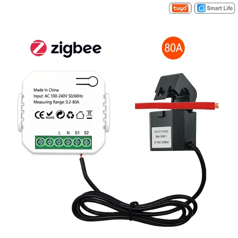 Tuya Smart Zigbee Energy Meter 80a With Clamp App Monitor Kwh Voltage