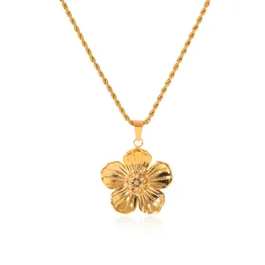 MW French Retro Stainless Steel Flower Zircon Pendant Necklace Female Temperament 18K Gold Plated Twist Chain Necklace for Gift