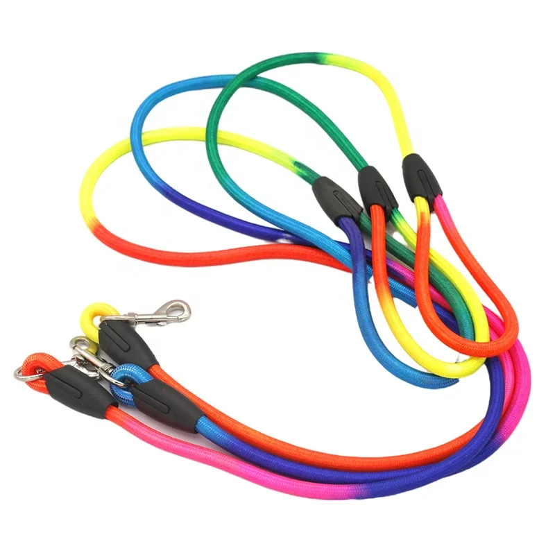 Rainbow Gradient Color Hands-Free Dog Leash Cotton and Nylon Pet Lead with Ribbon Decorations Solid Pattern Climbing Rope