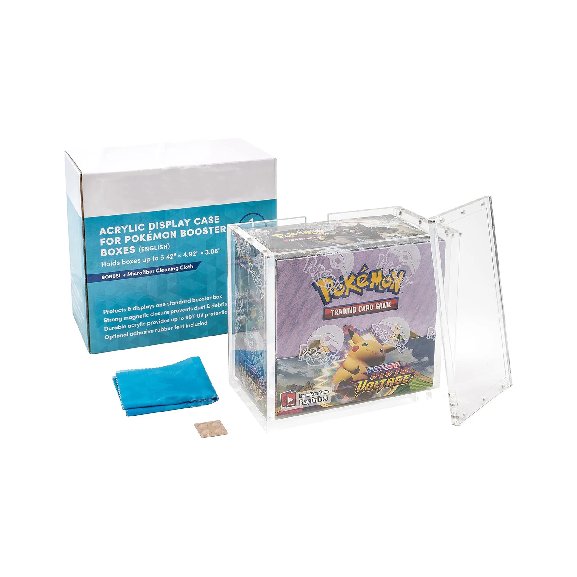 กล่องแสดงสินค้าอะคริลิกพรีเมียมสำหรับกล่องบูสเตอร์โปเกมอน (Pokémon Booster Box) ป้องกันรังสี UV ได้ถึง 99% พร้อมผ้าไมโครไฟเบอร์ ขาตั้งยาง และชั้นวางแบบมีแม่เหล็กสำหรับการ์ด