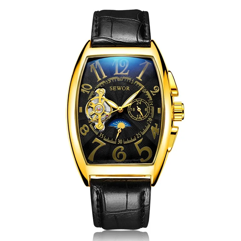 Amazon.com: SEWOR Mens Automatic Business Dress Tonneau Moon Phase Wrist  Watch Mechanical Self Wind (Gold-1) : Clothing, Shoes & Jewelry