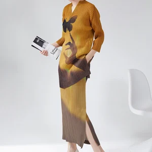 Miyake Casual Printed Pattern Two-Piece Clothing Set Pleated V-Neck Long Shirt Top Straight Midi Skirt Woven Polyester Fitness