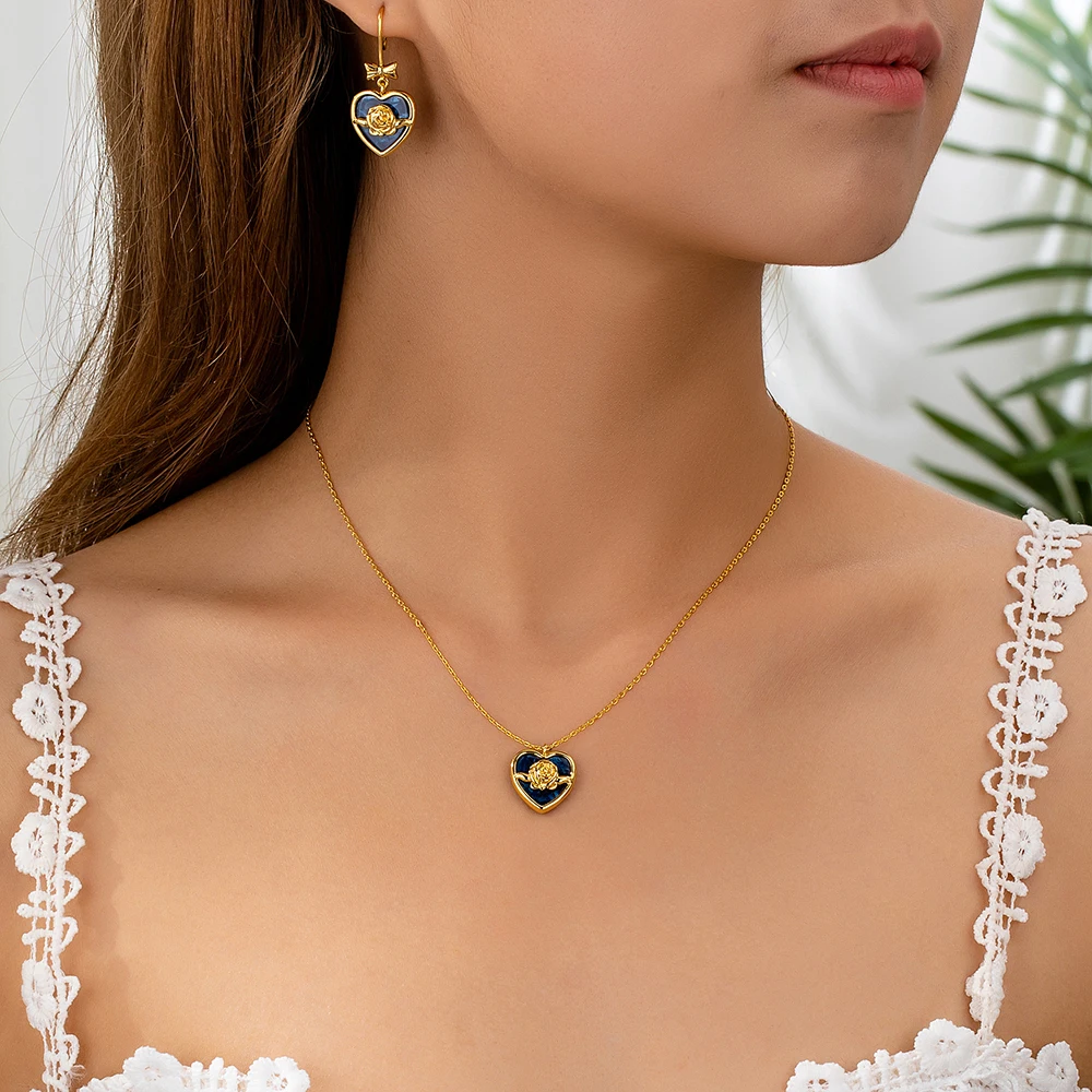 product wholesale customized blue resin heart bow pendant rose flower drop earring necklace set new style fashion jewelry for wedding-7
