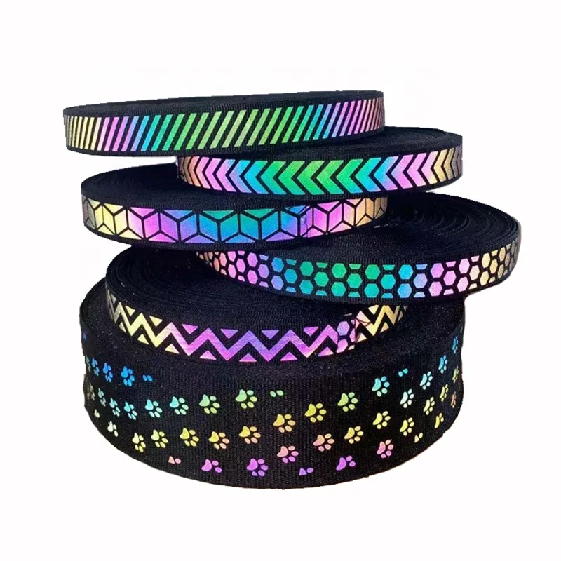 Custom Printed Shiny rainbow Reflective Flat Nylon Webbing Straps Belt for Clothing