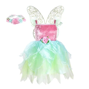 Kids Fairy Princess Fancy Dress Outfit Sequin Bodice Layered Tulle Skirt Butterfly Wings Role Play Birthday Festival Photo Shoot