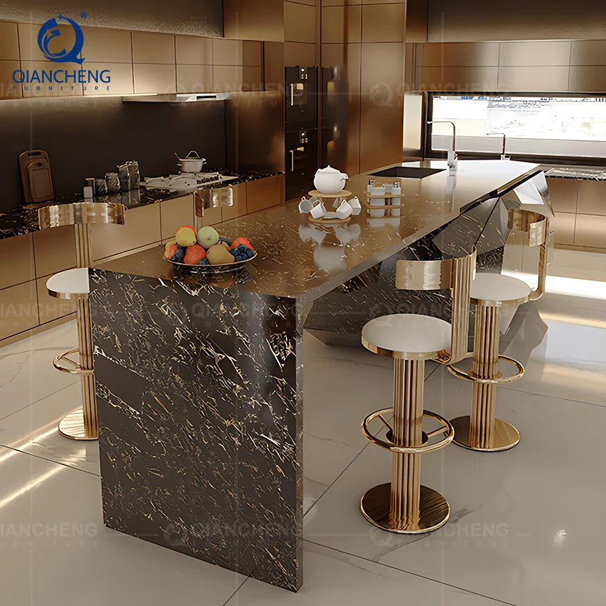 Высококачественный Современный барный стул QIANCHENG, Золотая рама из нержавеющей стали, роскошный высокий поворотный барный стул