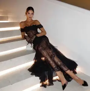 2026 Spring New Women's Elegant Sexy Lace Perspective Dress Off-Shoulder Slim Design with Digital Printing Dropshipping