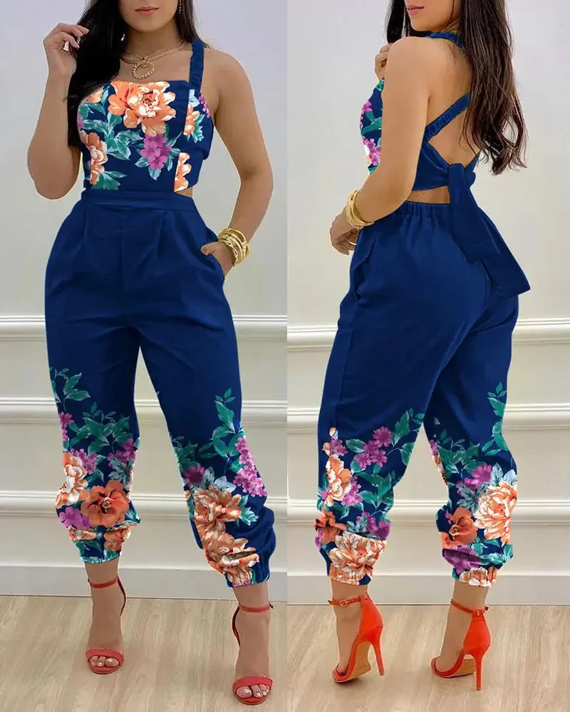 Trendy Backless Cami Jumpsuit For Women Ink Pattern Printing Pant Lady ...