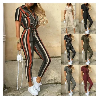 Autumn manufacturers produce women's jumpsuit casual lapel buckle printed belt tooling romper low