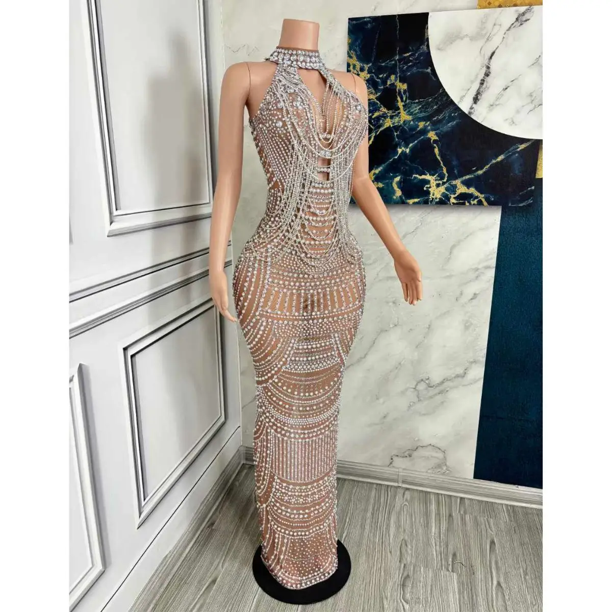 Ocstrade Sparkly Crystal Sleeveless Party Birthday Dress Back Split Mesh  Sexy Beaded Pearl Chain Maxi Evening Gown Dress Elegant| Alibaba.com
