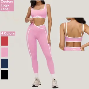 New Arrival Color Blocking Women's Workout Sets Cross Waist White Striped Gym Fitness Yoga Sets Custom LOGO