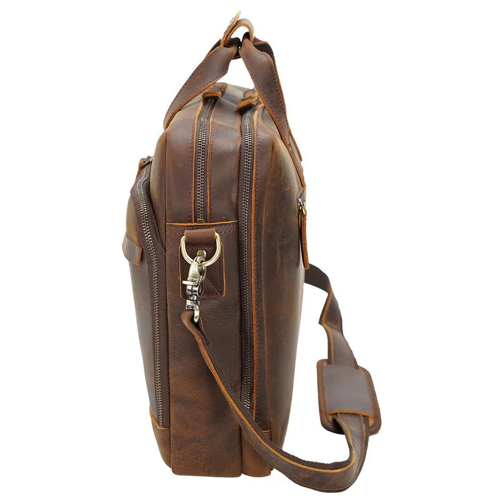 TIDING Large Capacity 17 Inch Cow Leather Travel Briefcase Bag Retro Crazy Horse Leather Briefcase for Men