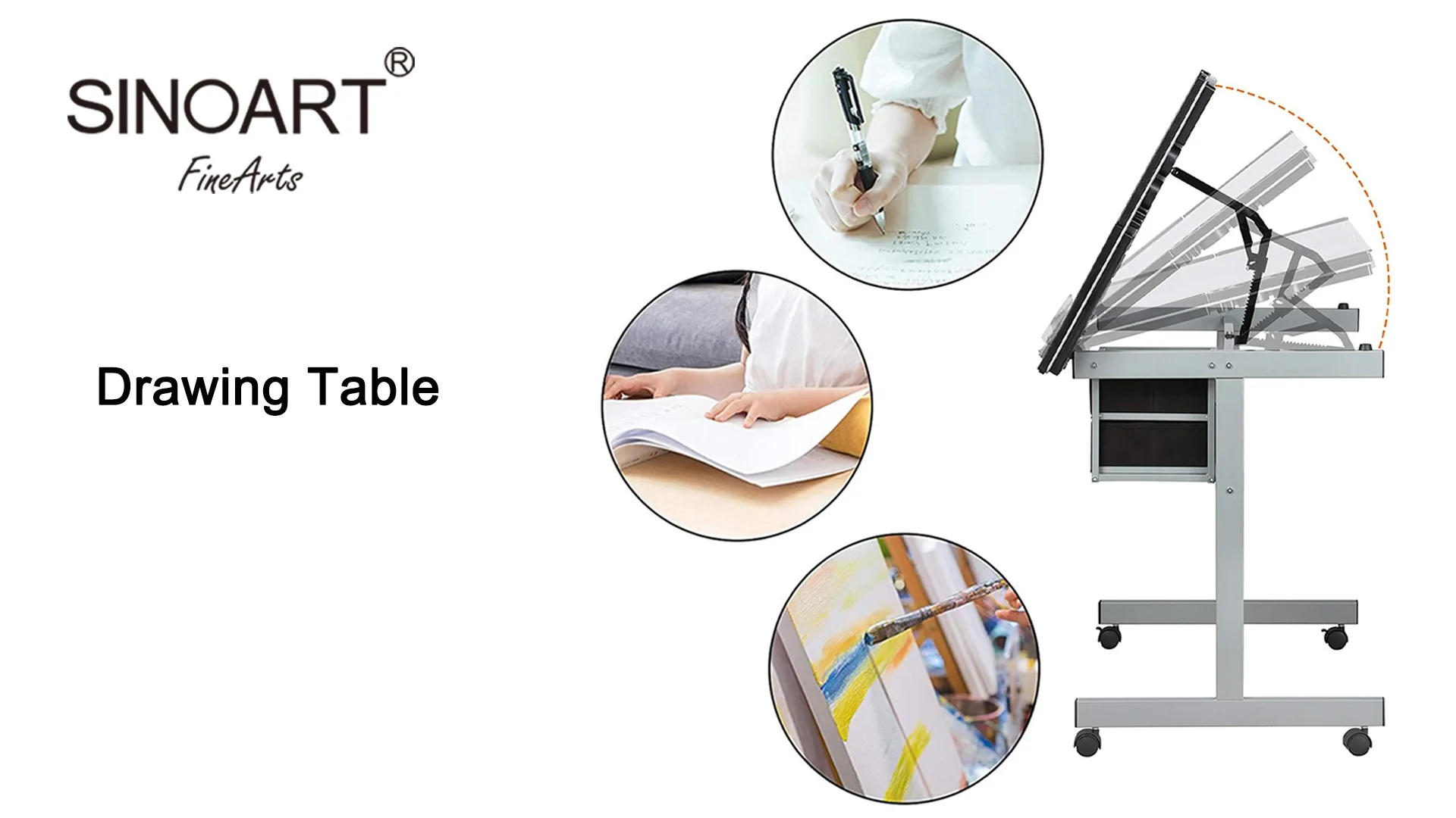 Sinoart 2 Drawers Adjustable Tilting Drawing Table Wooden Drafting