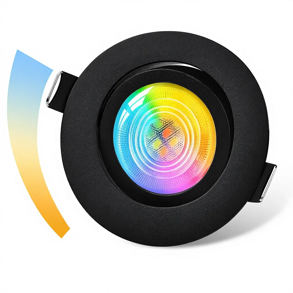 GeyouLux LED inbyggd spotskårm, dimmerbar RGB IP44, akryl, 230 V, 68 mm, 5 W, 3 CCT, 38° svängbar, svart köks takspotskårm med infraröd styrning
