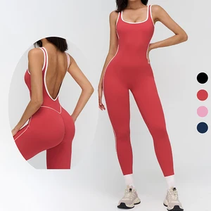 Women Contrast Trim Square Neck Backless Yoga Jumpsuit Quick Dry Breathable Slim Fit Fitness Running Activewear With Chest Pad